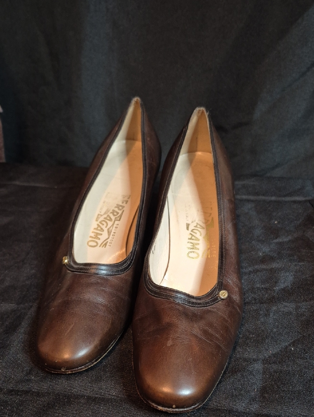 Salvatore Ferragamo Dark Brown Leather Round-Toe Flats